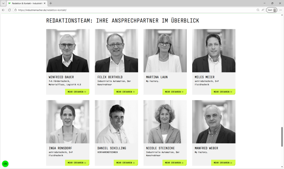 IndustrieMACHER Redaktionsteam mit Fotos in 2 Reihen: Winfried Bauer, Felix Berthold. Martina Laun, Miles Meier, Inga Ronsdorf, Daniel Schilling, Nicole Steinicke, Manfred Weber